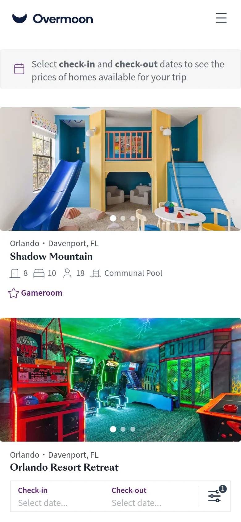 The mobile version simplifies the layout with a hamburger menu and a centered logo in the header. The search functionality is condensed into a single notification bar prompting date selection, and rental listings are displayed in a vertical stack with large, full-width images.
