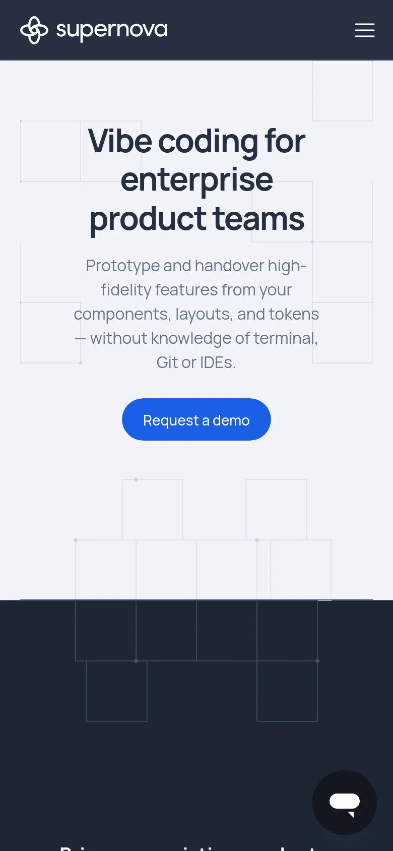 The mobile version simplifies the layout, centering the text and the blue 'Request a demo' button on a light gray grid background. The navigation bar is condensed into a hamburger menu icon on the right, and the headline text is scaled down to fit the narrower screen.