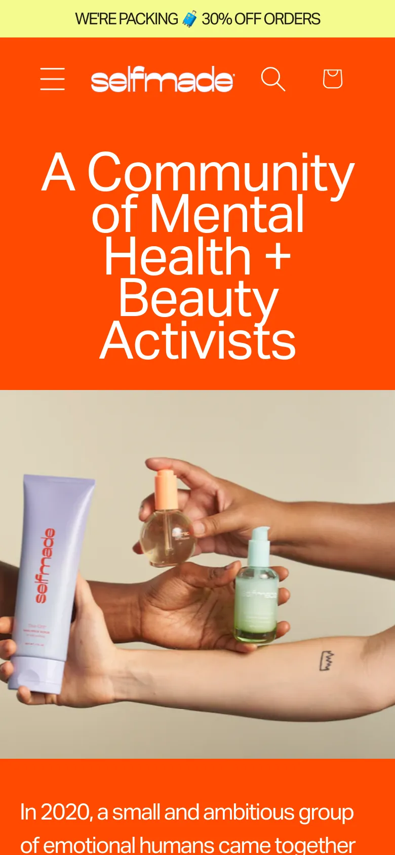 The mobile version maintains the vibrant orange header and large headline, but the navigation menu is collapsed into a hamburger icon on the left. The hero image of hands holding skincare products is scaled down to fit the narrow screen, and the text content below is stacked vertically for easier scrolling on a handheld device.