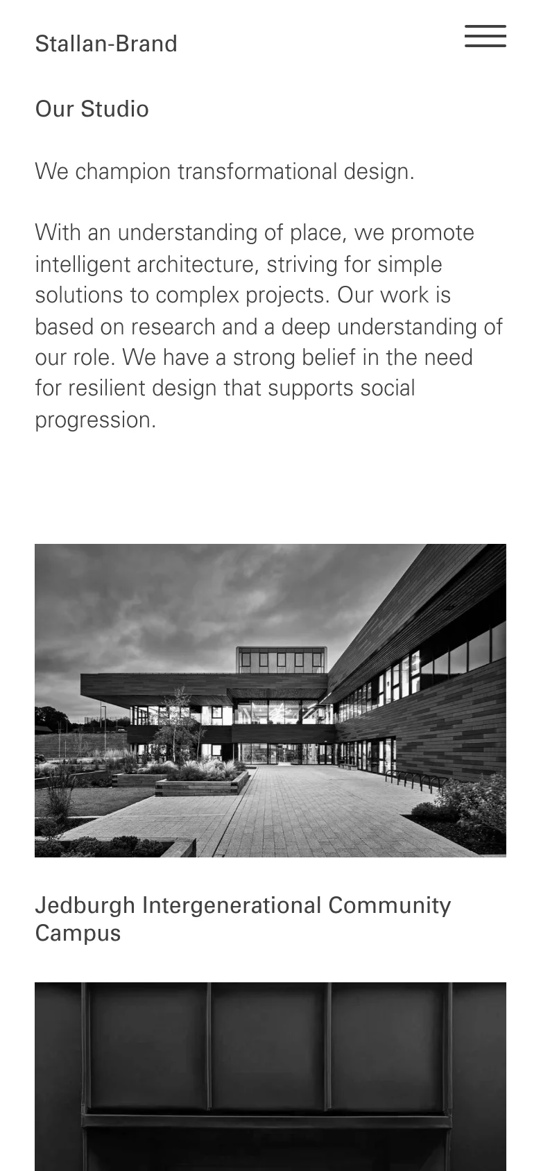 The mobile version presents a single-column vertical layout optimized for smaller screens. The brand name and navigation menu are at the top, followed by the 'Our Studio' text block, and then large, full-width black and white project images stacked vertically.