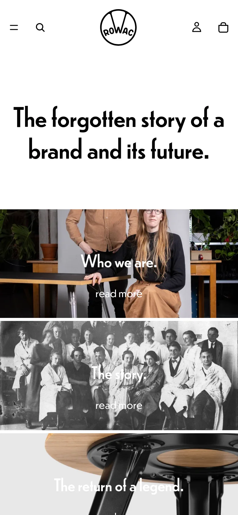 The mobile version displays the same content but in a vertical stack rather than a horizontal row. The large headline appears at the top, followed by the three images stacked one on top of the other, each spanning the full width of the screen with their respective text overlays and 'read more' links.