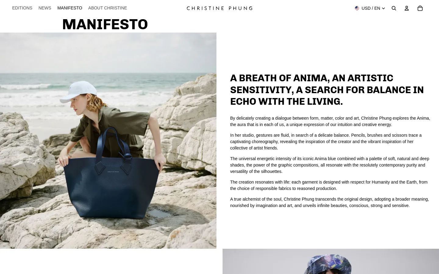 The desktop page features a large 'MANIFESTO' heading above a hero image of a person in a white cap and olive shirt sitting on coastal rocks with a large blue tote bag. To the right, a text block describes the brand's artistic philosophy using bold, uppercase subheadings. The layout is clean with a white background and a minimalist navigation bar at the top.