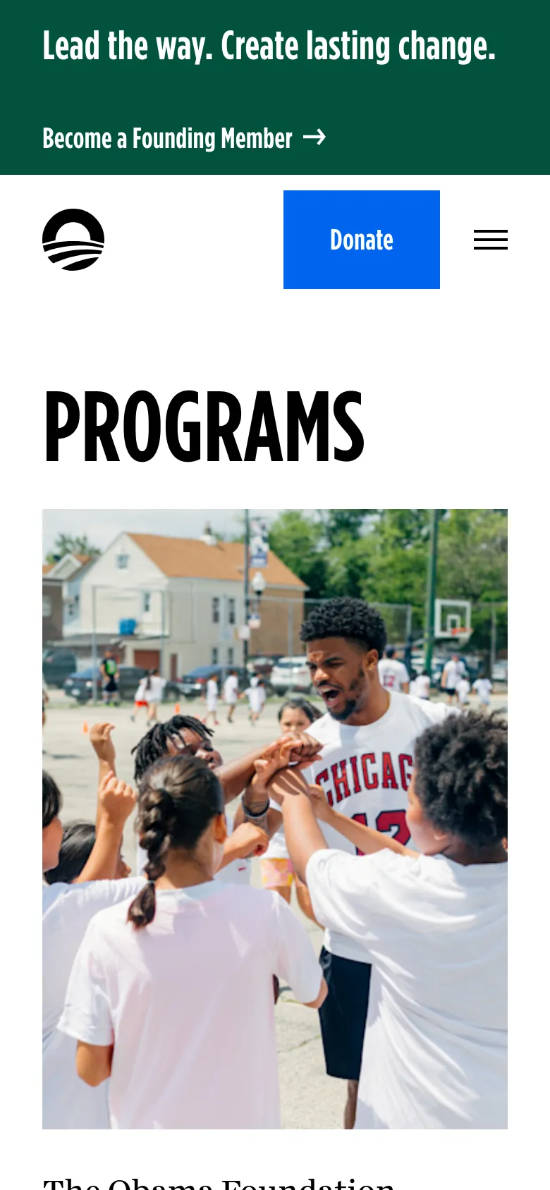 The mobile version simplifies the layout, replacing the horizontal navigation bar with a hamburger menu icon next to the logo and a blue 'Donate' button. The 'PROGRAMS' headline and hero image of the basketball court are stacked vertically, filling the width of the screen. The top of the page retains a dark green banner with the text 'Lead the way. Create lasting change.'