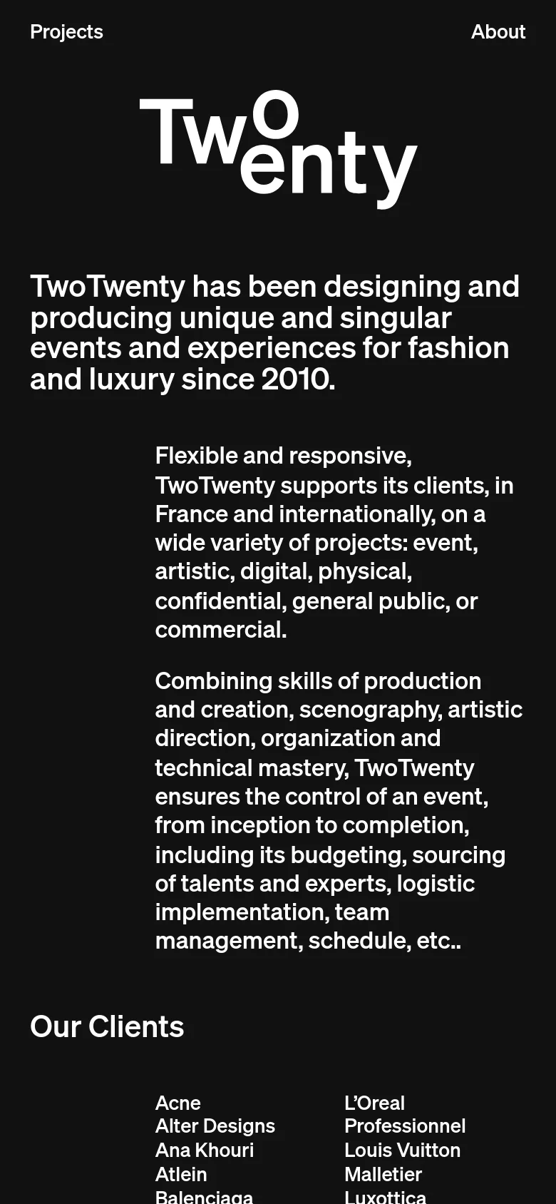 The mobile version maintains the dark aesthetic and white typography but shifts to a single-column layout. The large logo and headline are centered at the top, followed by the descriptive text blocks stacked vertically, and a list of client names begins at the bottom.