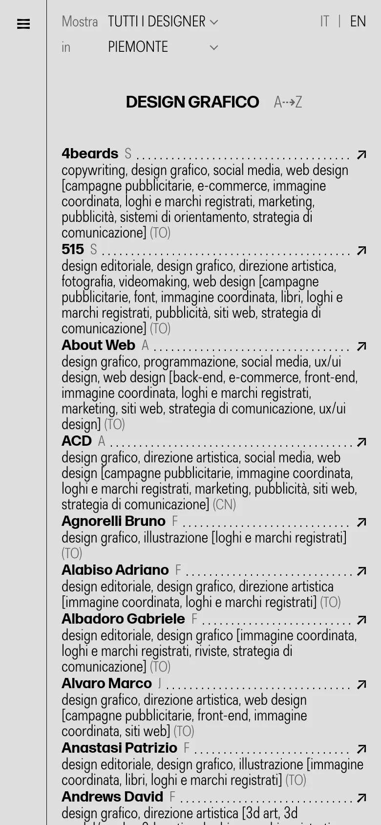 The mobile version presents a single-column vertical list of design professionals to optimize for small screens. The left sidebar is replaced by a hamburger menu icon at the top left, and the header includes dropdown menus for filtering by designer type and region. The text remains black on a white background, maintaining a high-contrast, text-heavy minimalist aesthetic.