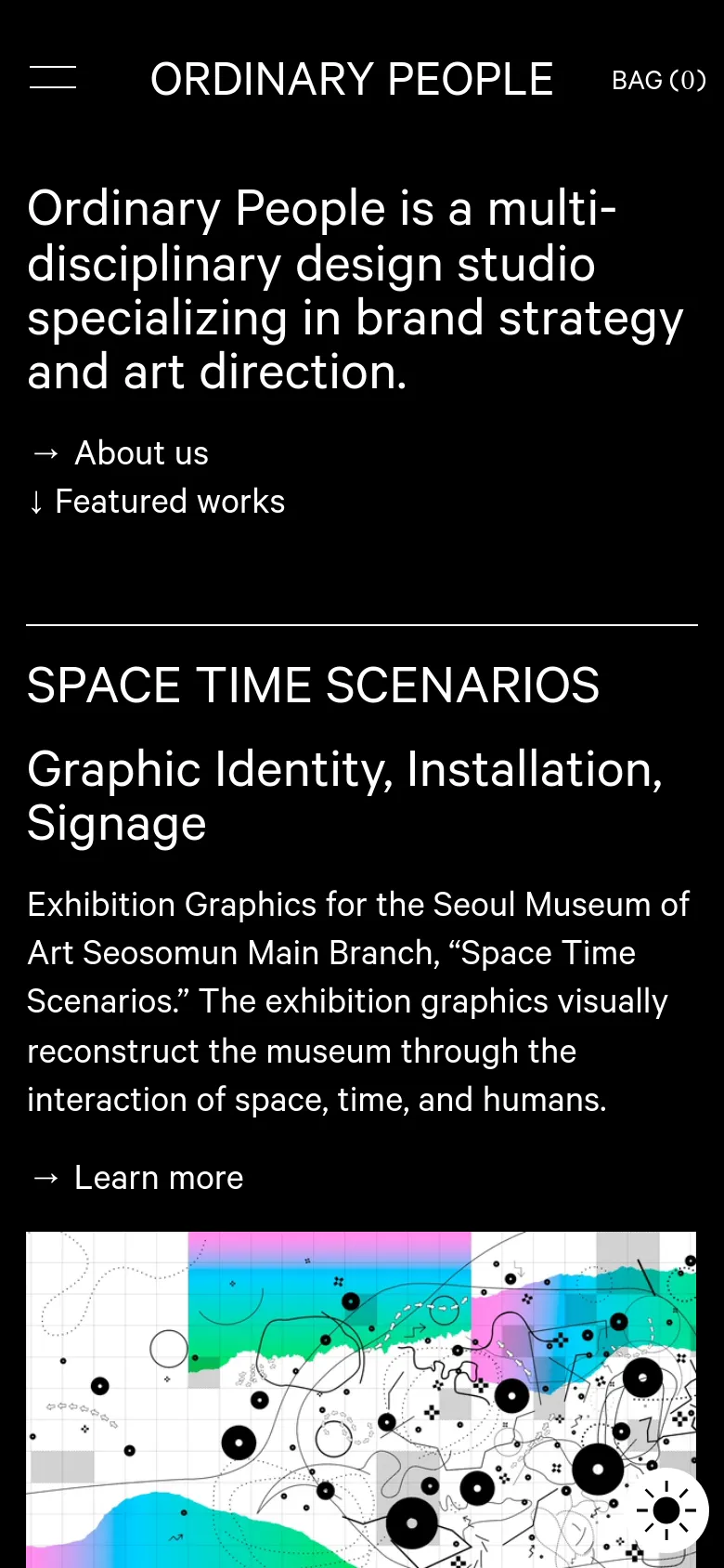 The mobile version maintains the minimalist black and white aesthetic but uses a single-column vertical layout. The hero text is centered and stacked, and the navigation is condensed into a hamburger menu icon on the left. Project sections, such as 'SPACE TIME SCENARIOS,' appear as large, full-width text blocks followed by single-column imagery.