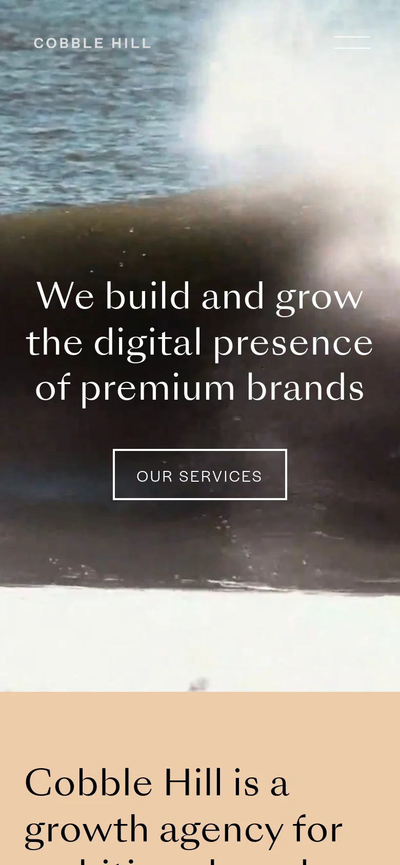 The mobile version maintains the minimalist aesthetic with a vertical orientation, focusing on the large hero image of the vintage vehicle and the primary headline. The navigation is condensed into a hamburger menu icon in the top right, and the 'OUR SERVICES' call-to-action button is centered prominently over the background image.