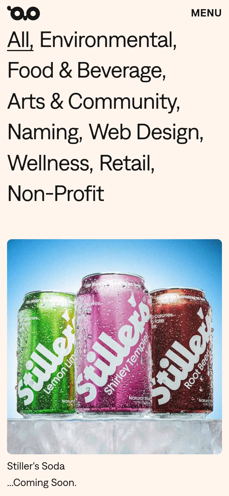 The mobile version presents a simplified vertical layout on a cream background with a 'MENU' button at the top right. The category list is stacked vertically in large, bold black text, followed by the same hero image of three chilled soda cans in ice and the 'Stiller's Soda' caption below.
