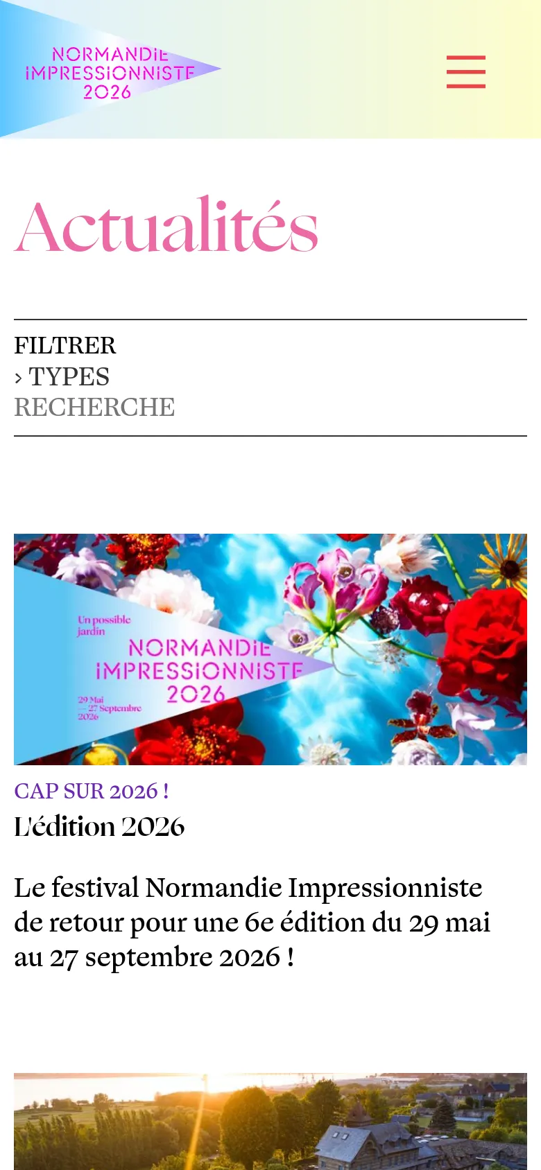 The mobile version presents a simplified vertical layout with a hamburger menu and search icon in the header. The large pink 'Actualités' title is followed by a stacked filter menu and news cards that span the width of the screen, featuring large imagery and text descriptions.