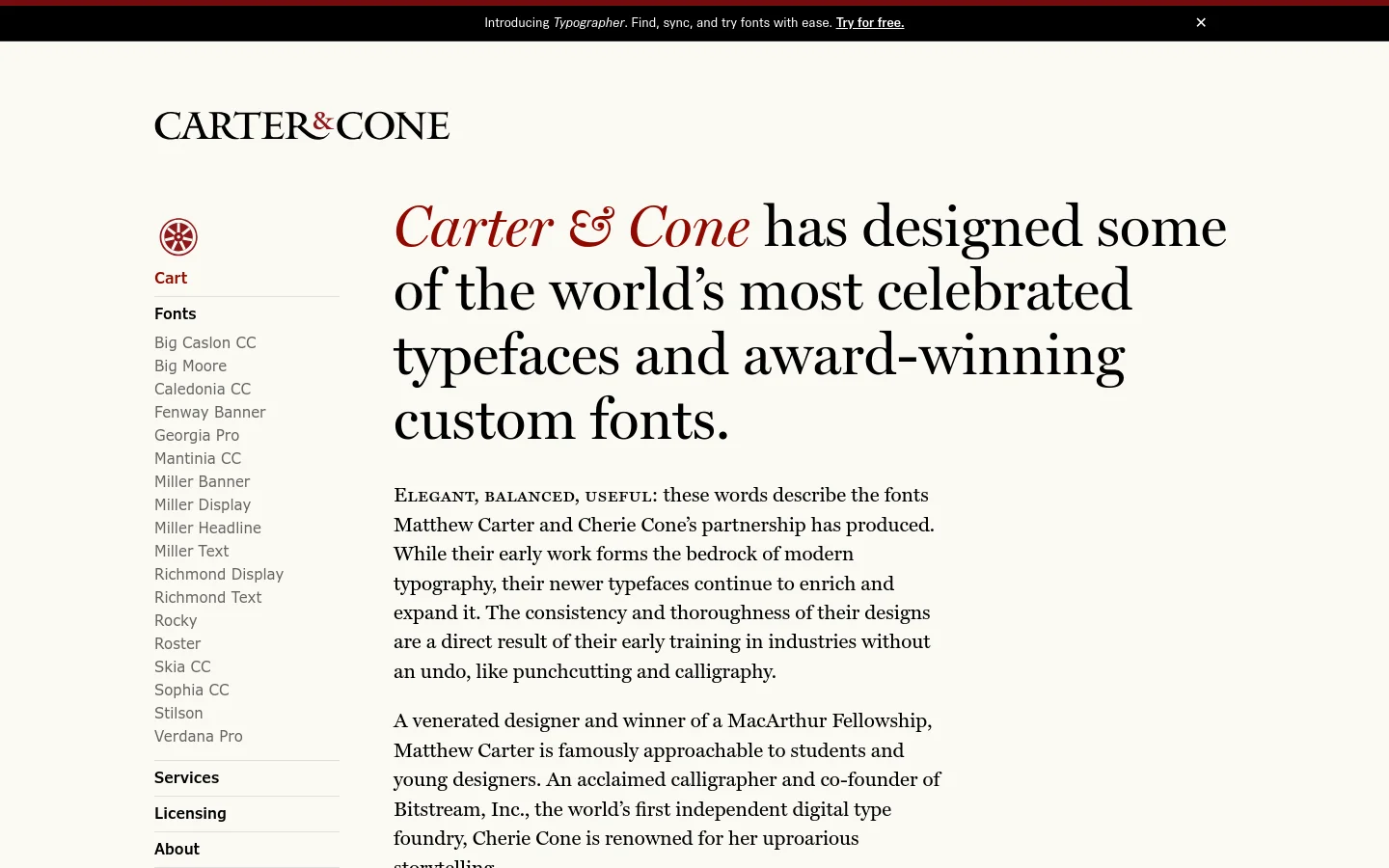 The desktop homepage features a minimalist design with a white background and black serif typography. A large hero headline introduces the company, followed by an introductory text section and a sidebar navigation menu on the left containing links to various font collections and services.