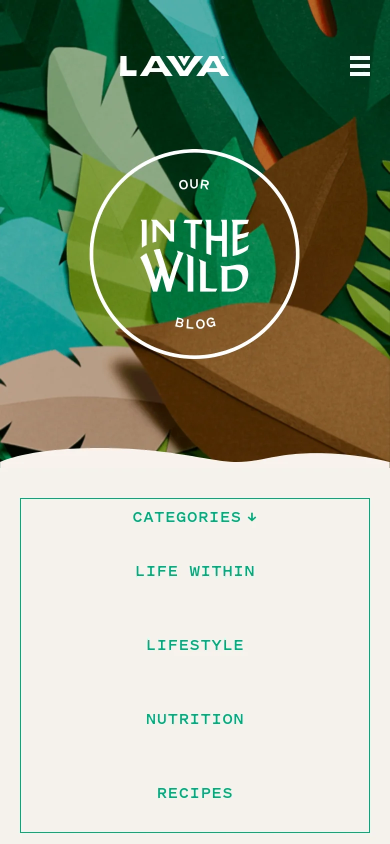The mobile version presents a vertically stacked layout starting with the tropical leaf hero image and the 'IN THE WILD' circular logo. Below the hero, the categories are listed vertically within a bordered box, providing a streamlined navigation experience for smaller screens. The overall aesthetic remains consistent with the natural, organic color scheme of the desktop site.