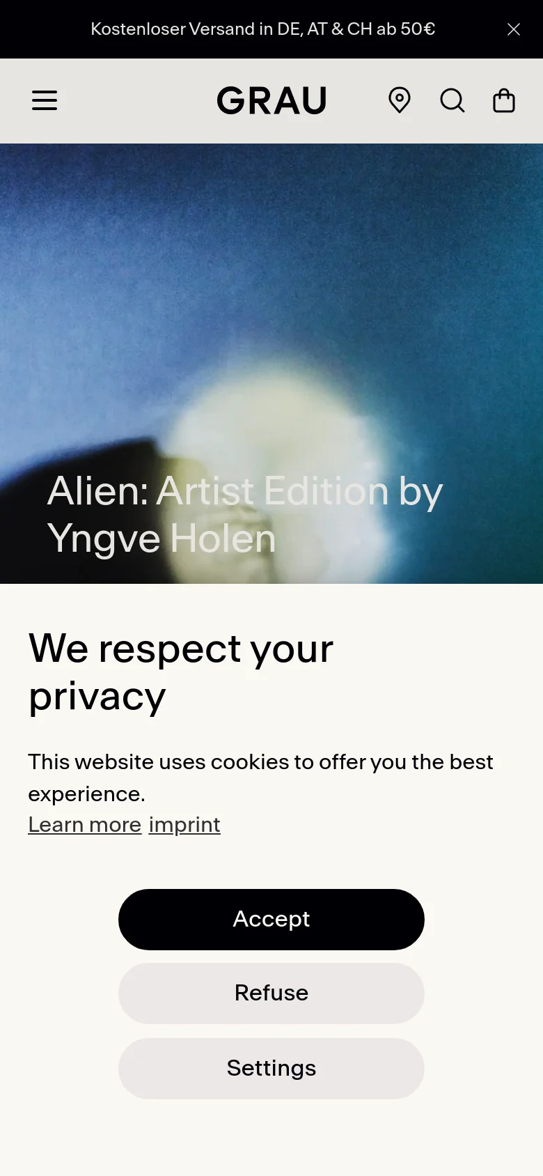 The mobile version presents a vertically stacked layout, beginning with a hamburger menu and the GRAU logo at the top. The hero section features the same atmospheric light imagery and 'Alien' headline, but the text and call-to-action are centered for easier mobile viewing. A large, full-width privacy consent modal occupies the lower half of the screen with prominent 'Accept', 'Refuse', and 'Settings' buttons.