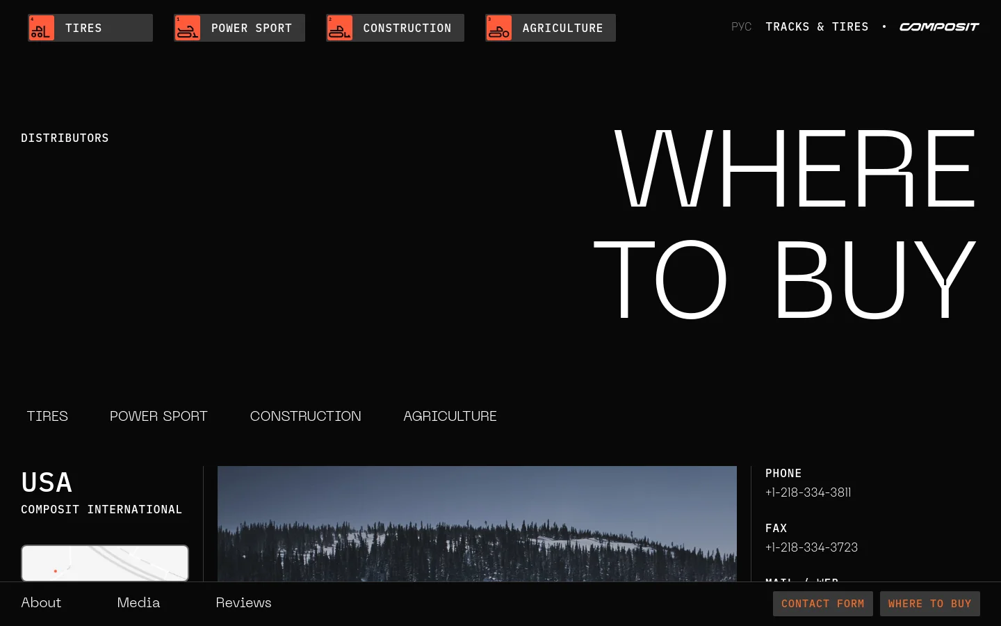 The 'Where to Buy' page features a dark theme with large white typography. The layout lists distributors by region, including the USA, Canada, Sweden, Finland, Norway, and Russia, with contact details, maps, and landscape imagery for each. A top navigation bar includes categories like Tires, Power Sport, Construction, and Agriculture.