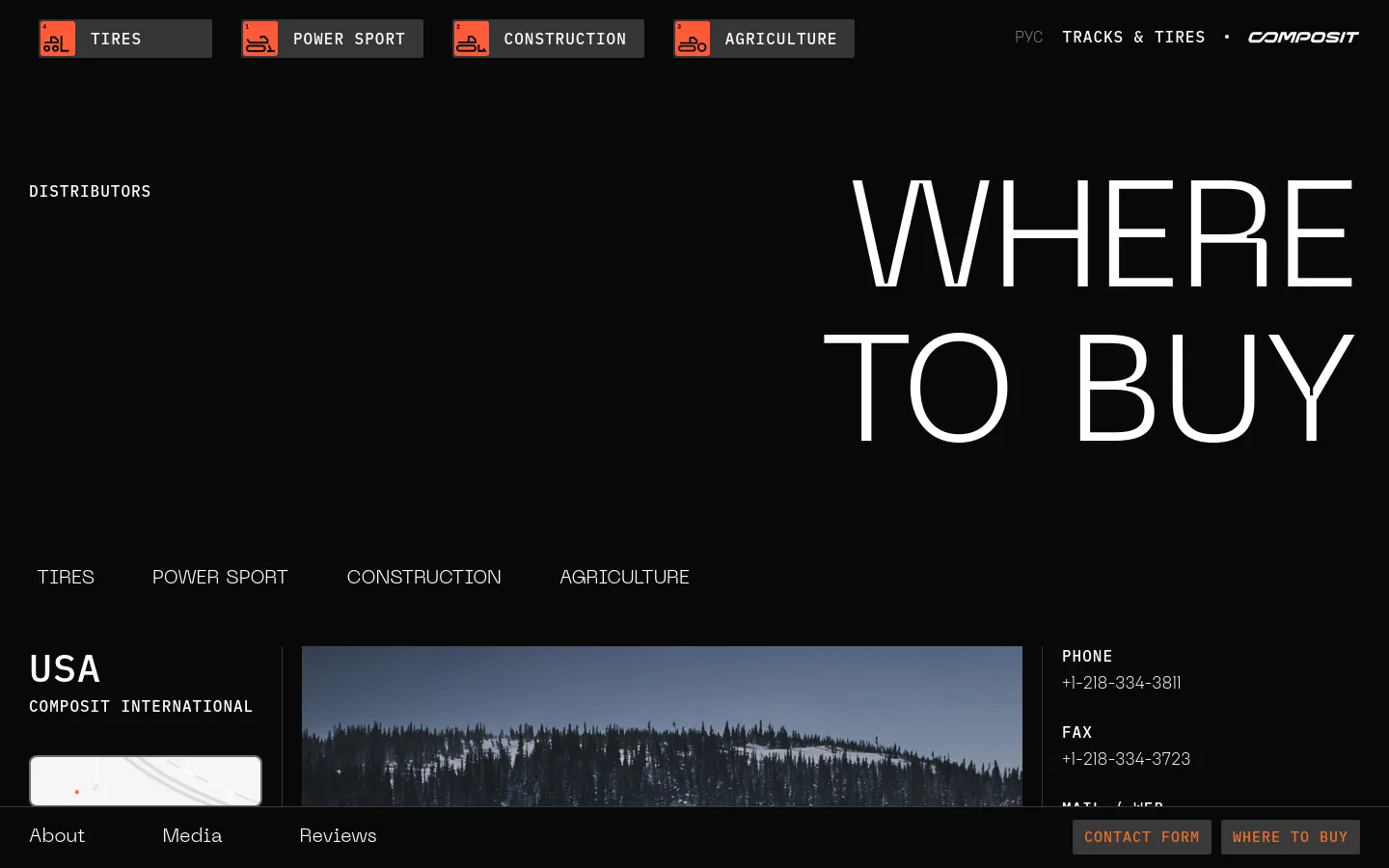 The 'Where to Buy' page features a dark theme with large white typography. The layout lists distributors by region, including the USA, Canada, Sweden, Finland, Norway, and Russia, with contact details, maps, and landscape imagery for each. A top navigation bar includes categories like Tires, Power Sport, Construction, and Agriculture.