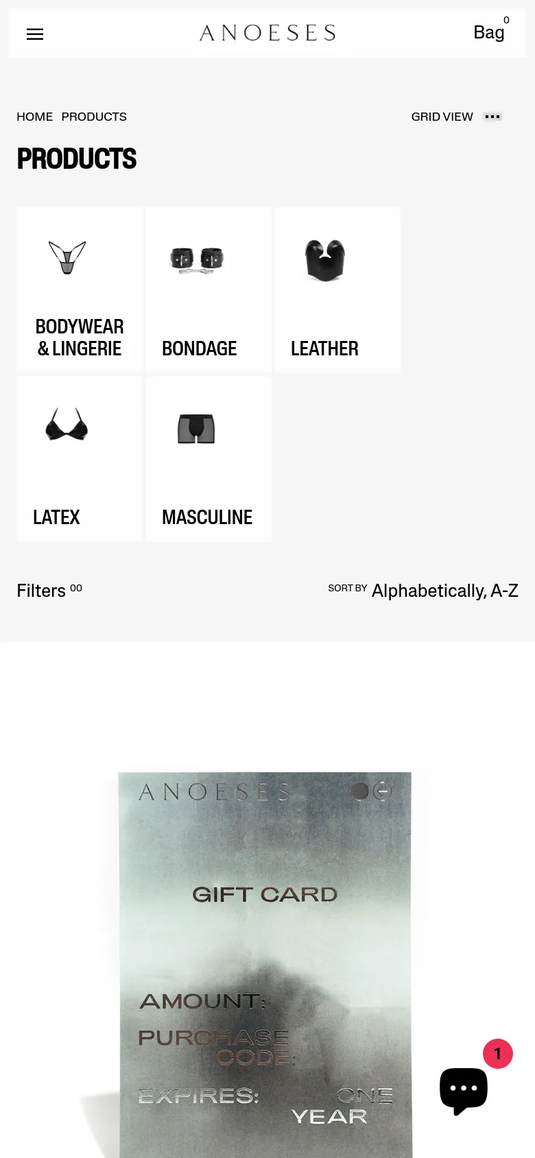 The mobile version presents a simplified vertical layout with a hamburger menu and the 'PRODUCTS' heading. The category tiles are arranged in a two-column grid, followed by a single-column product list showing item images and names. The navigation is condensed, and the large lifestyle imagery is replaced by a focused view of the product grid.