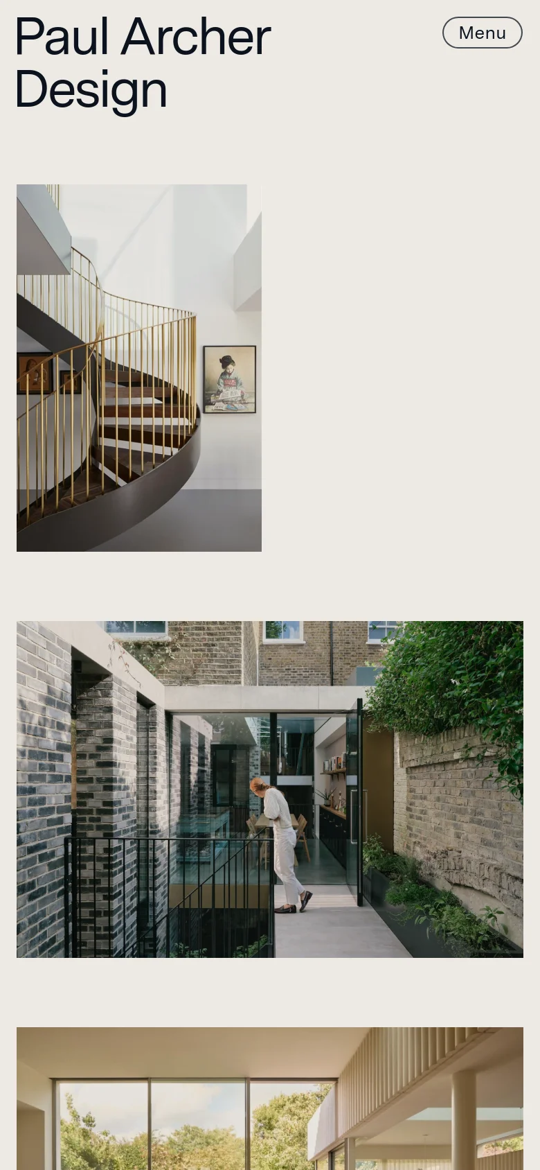 The mobile version maintains the minimalist aesthetic with the 'Paul Archer Design' title and 'Menu' button at the top. The hero imagery is rearranged into a vertical stack, showing the spiral staircase image followed by the courtyard image to fit the narrow screen width.