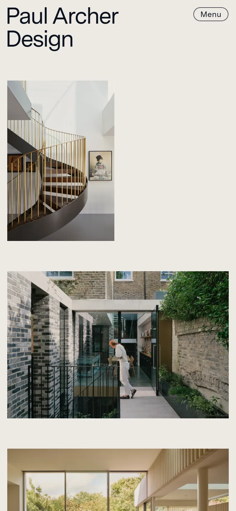 The mobile version maintains the minimalist aesthetic with the 'Paul Archer Design' title and 'Menu' button at the top. The hero imagery is rearranged into a vertical stack, showing the spiral staircase image followed by the courtyard image to fit the narrow screen width.