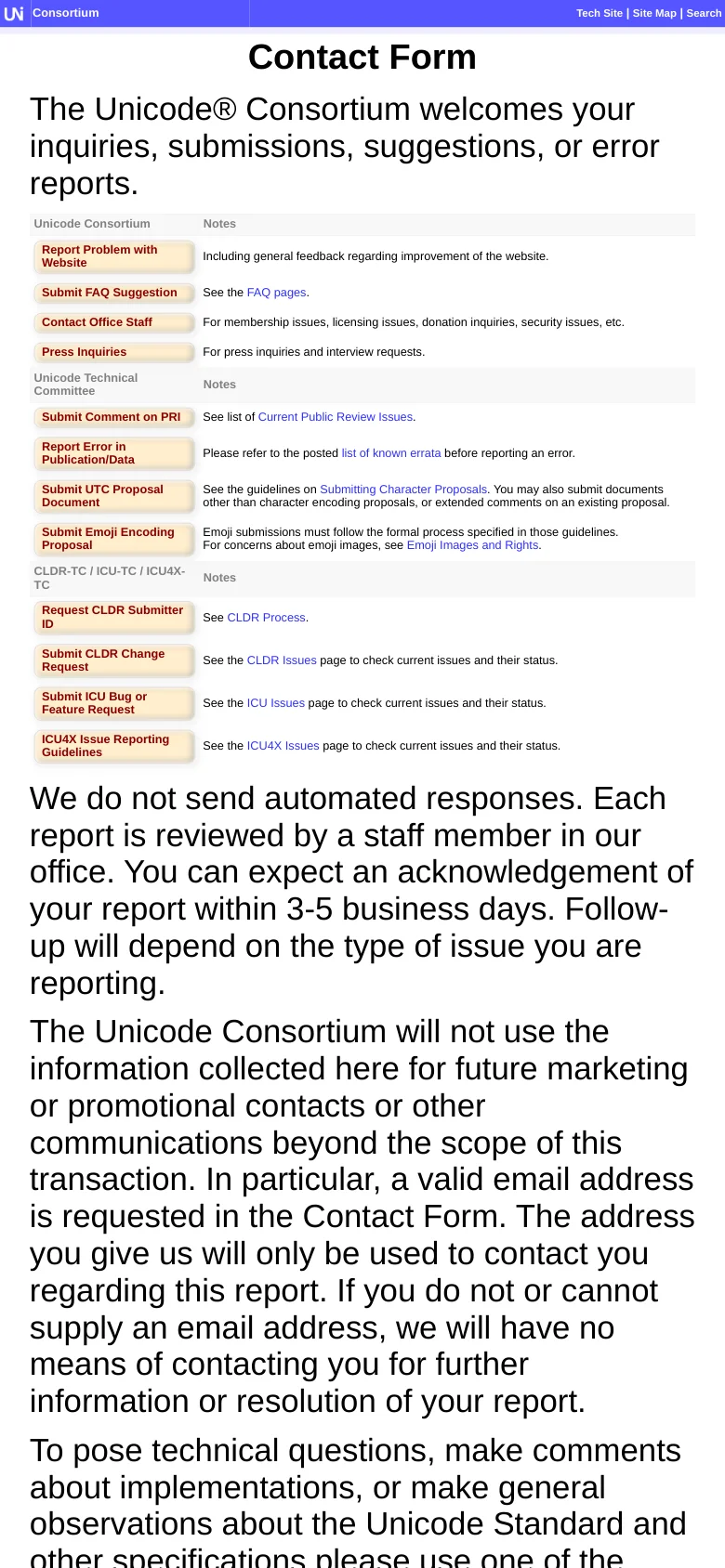 The mobile version presents the same Contact Form content but uses a single-column vertical layout to accommodate smaller screens. The blue header and large 'Contact Form' title are centered, and the contact buttons are stacked vertically above their corresponding descriptions, making the list easier to scroll through on a handheld device.
