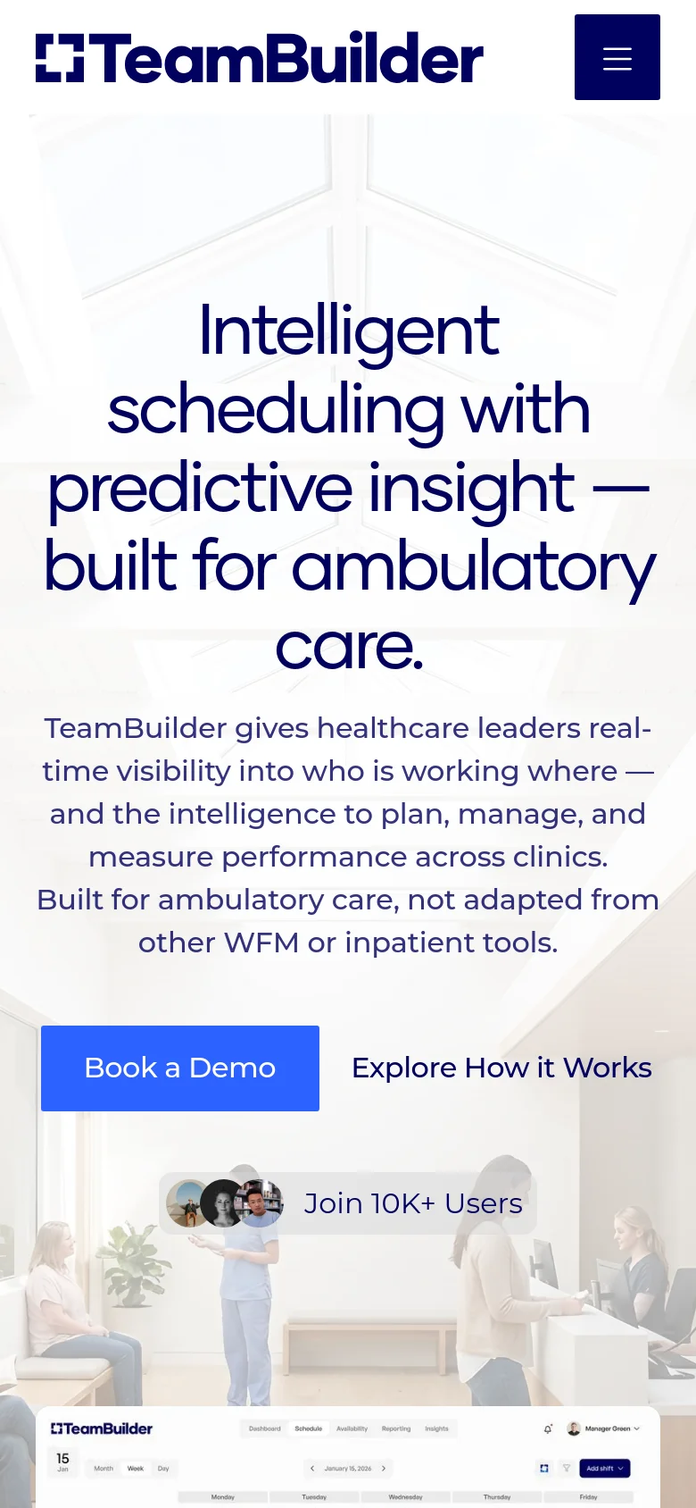 The mobile version uses a vertical stack, centering the large hero headline and subtext for readability. The navigation is condensed into a dark blue hamburger menu icon in the top right, and the 'Book a Demo' and 'Explore How it Works' buttons are positioned centrally above a row of user portraits and the software interface preview.
