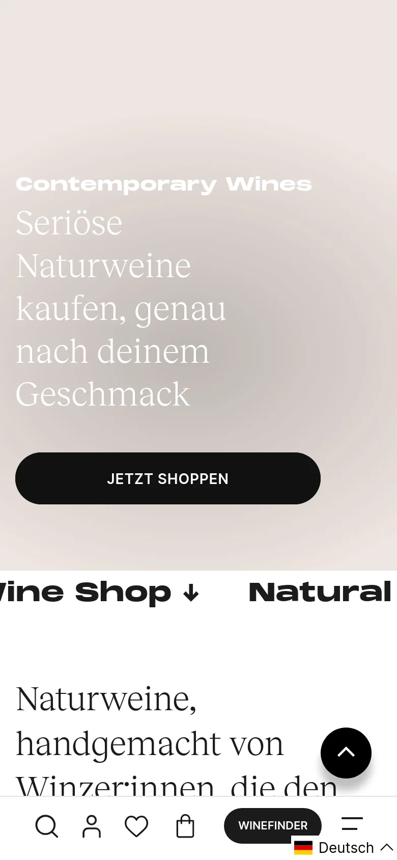 The mobile version transitions to a warm, beige-toned background with stacked typography. The headline is centered and larger relative to the screen width, followed by a full-width black 'JETZT SHOPPEN' button. A bottom navigation bar includes icons for search, user profile, favorites, shopping bag, and a 'WINEFINDER' button.