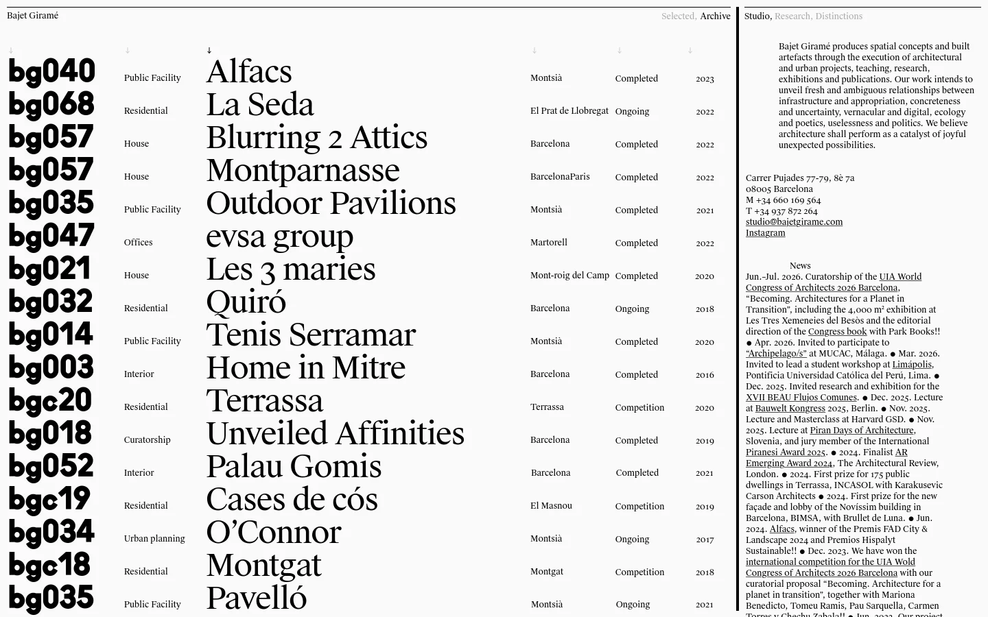 The Archive page for Bajet Giramé features a minimalist, high-contrast black and white design. A large list of architectural projects is organized in a grid layout, displaying project codes, titles, locations, status, and years. The desktop view includes a sidebar with studio contact information and news updates on the right side.