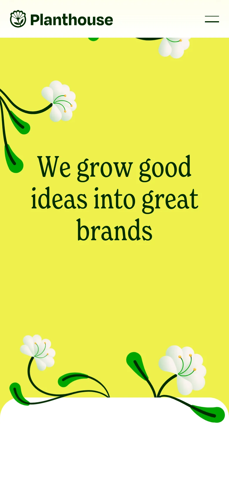 The mobile version presents a vertically stacked layout, starting with a large hero section where the yellow background and floral illustrations frame the central headline. The navigation is condensed into a hamburger menu, and the portfolio projects are displayed in a single-column scrollable format rather than a grid. The color palette remains consistent with vibrant yellow, white, and deep green accents.
