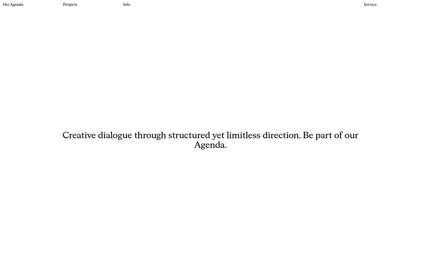 The desktop homepage features a minimalist white background with a clean navigation menu at the top. A large central headline introduces the studio, followed by a grid of high-quality portfolio images showcasing various design projects. The layout uses ample whitespace and black serif typography to create a sophisticated, professional aesthetic.