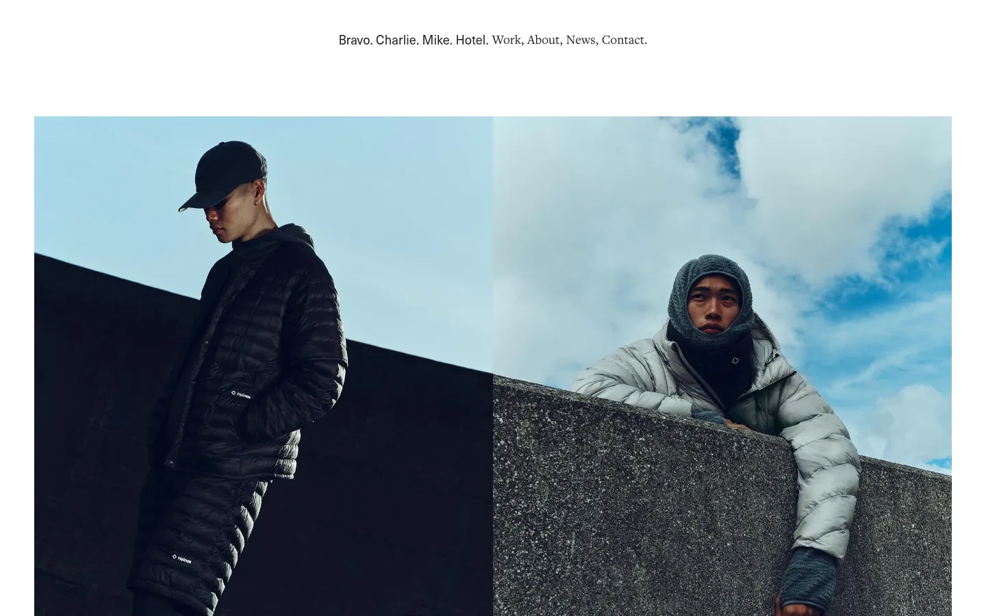 The desktop News page features a minimalist white header with navigation links. Below, a large hero image is split into four quadrants showing a model in outdoor apparel against a blue sky and concrete structures. A news entry follows with a date and a headline about Helinox Wear in a clean, black serif font.