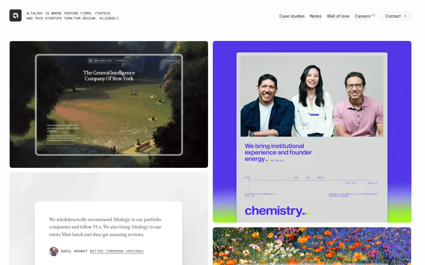 The desktop homepage features a minimalist white header with navigation links and a 'Contact' button. Below, a large hero section displays a bold headline followed by a grid of large, high-quality portfolio case studies with colorful imagery and client testimonials in white cards.