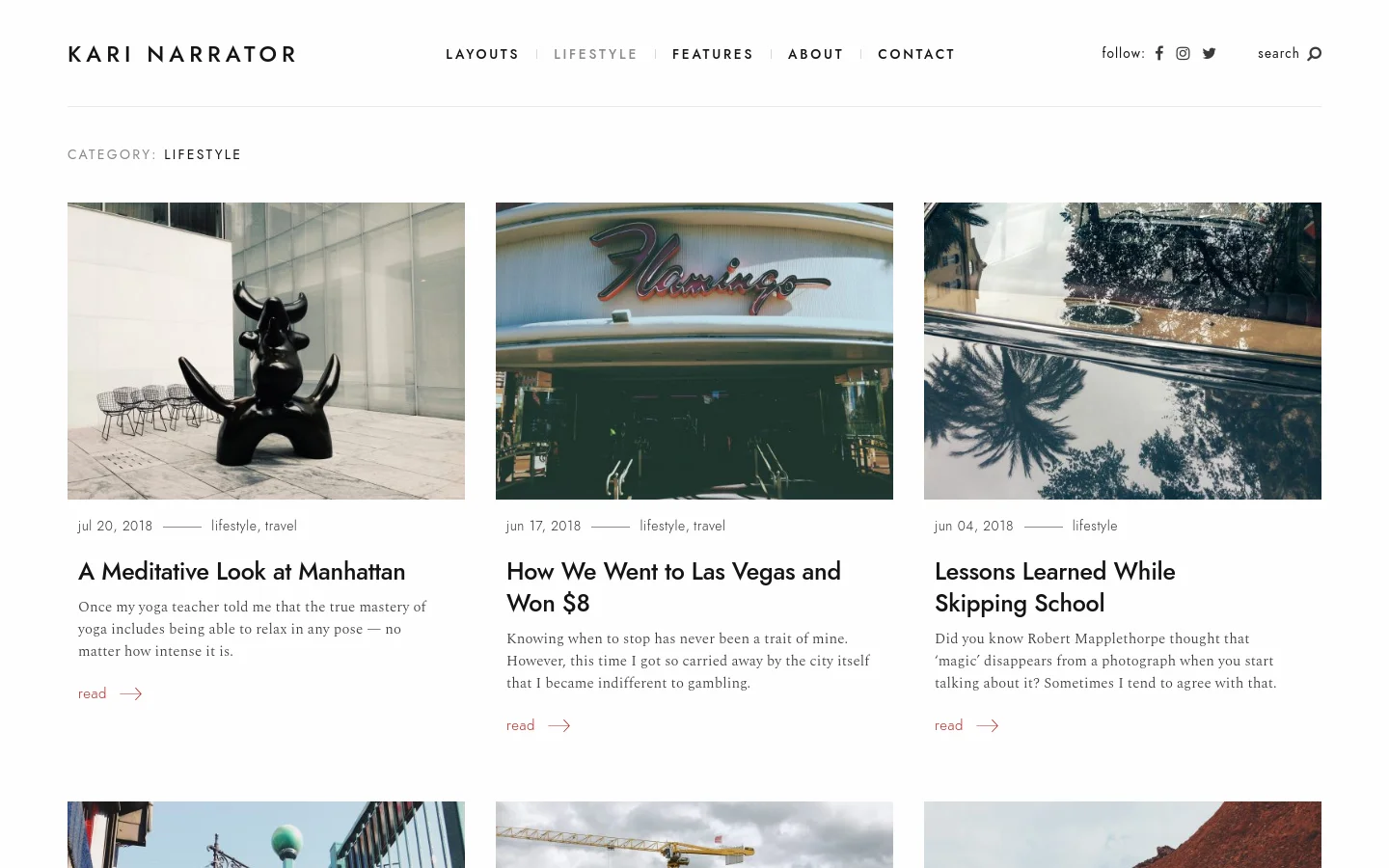 The desktop page for the Lifestyle category features a clean, minimalist design with a white background and black serif typography. A grid of blog posts is displayed, each containing a large featured image, date, category tags, a bold headline, a short excerpt, and a 'read' link with an arrow. The header includes the site name 'Kari Narrator' on the left and navigation links like Layouts, Lifestyle, and Features on the right, alongside social media icons and a search icon.
