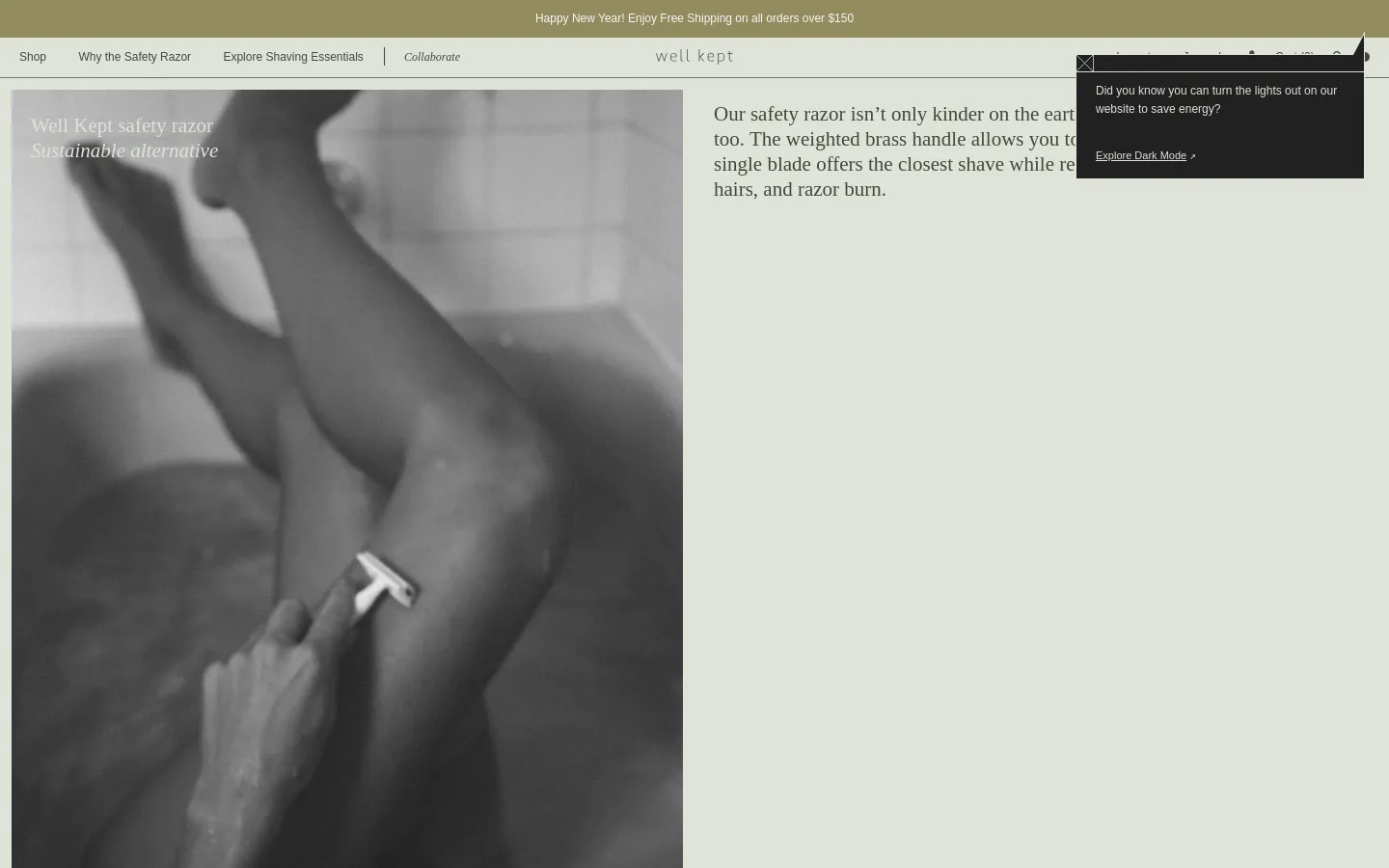Desktop view of the 'Why The Safety Razor' page featuring a large, black-and-white hero image of a person shaving their leg. The layout uses a split-screen style with the image on the left and white text on a light background on the right, including the headline 'Well Kept safety razor' and a subheadline 'Sustainable alternative'. A dark pop-up notification about energy saving appears in the top right corner.