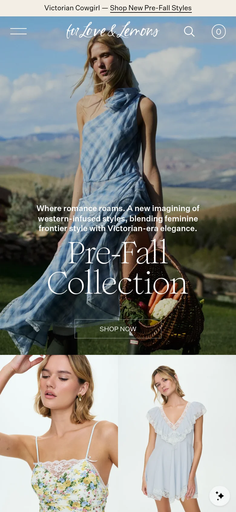 The mobile version presents a vertically stacked layout starting with a full-width hero image of the Pre-Fall Collection. The navigation is condensed into a hamburger menu and search icon at the top. Product grids are simplified to single or double columns to fit the narrower screen, focusing on large imagery and clear pricing.