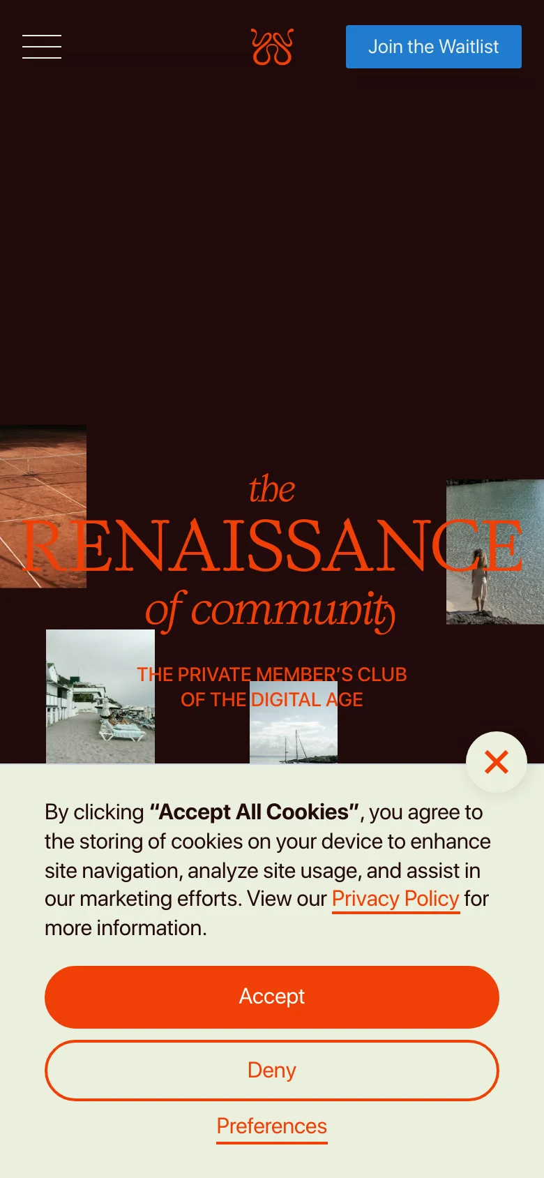 The mobile version presents a simplified, vertically stacked layout with a dark background and large orange headline text. The top navigation is condensed into a hamburger menu icon next to the brand logo, with a prominent blue 'Join the Waitlist' button positioned at the top right. A large cookie consent banner with orange 'Accept' and 'Deny' buttons occupies the bottom half of the screen.