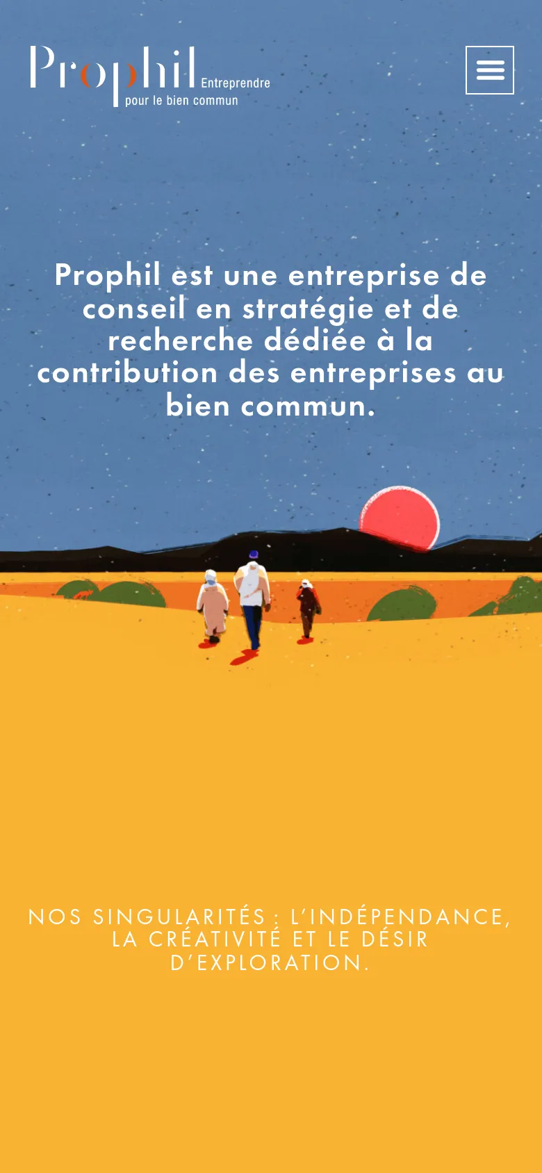 Mobile version of the homepage with a simplified layout. The top navigation is replaced by a hamburger menu icon, and the central text and desert illustration are scaled to fit the vertical screen. The color palette remains a dominant blue sky and bright yellow desert.