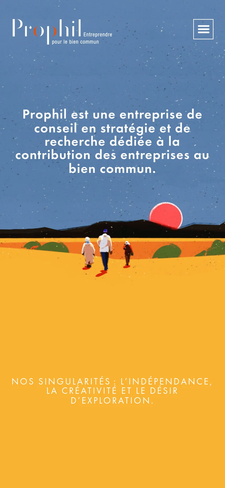 Mobile version of the homepage with a simplified layout. The top navigation is replaced by a hamburger menu icon, and the central text and desert illustration are scaled to fit the vertical screen. The color palette remains a dominant blue sky and bright yellow desert.