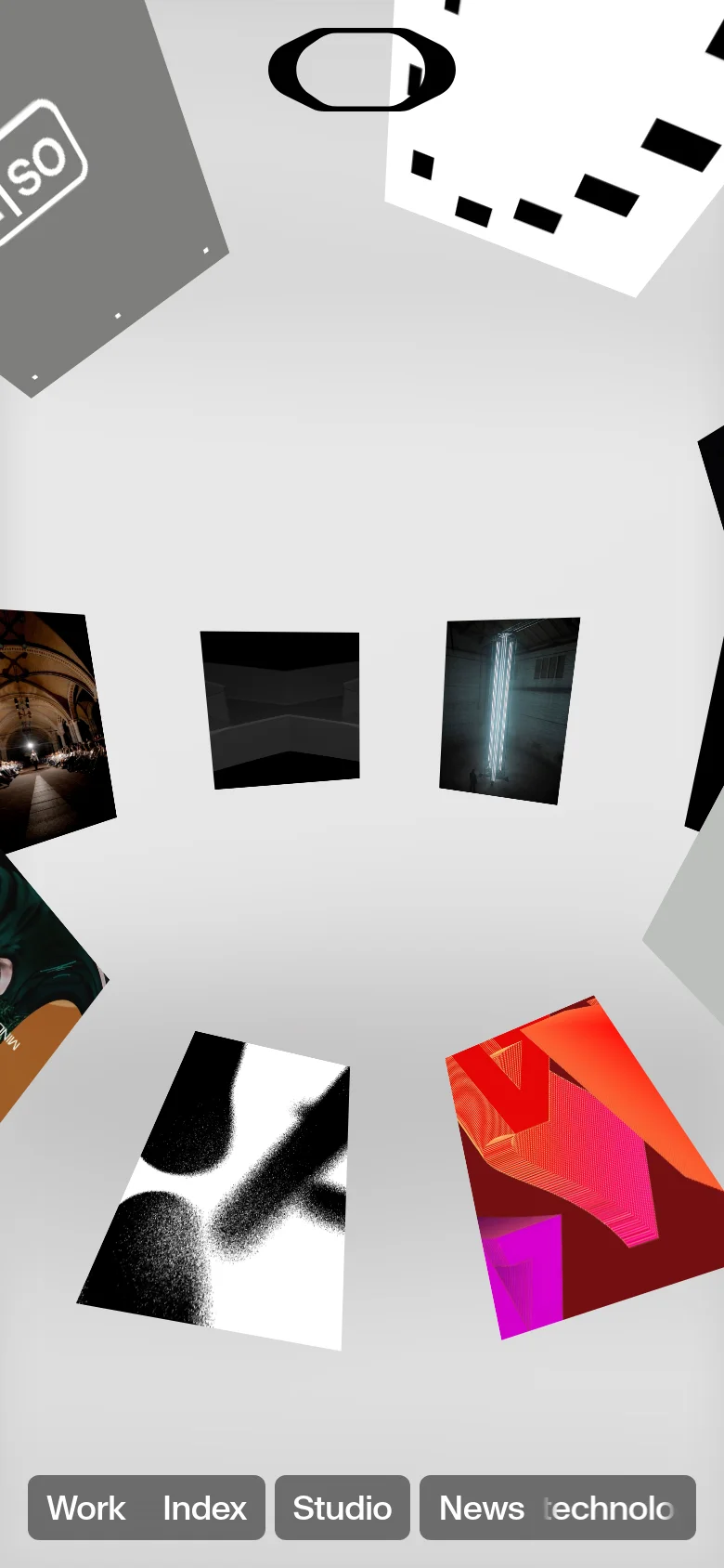 The mobile version presents a simplified, vertically stacked view of the floating image tiles against a light gray background. The navigation menu is condensed into a single row of gray buttons at the bottom of the screen, and the central logo is partially visible at the top.