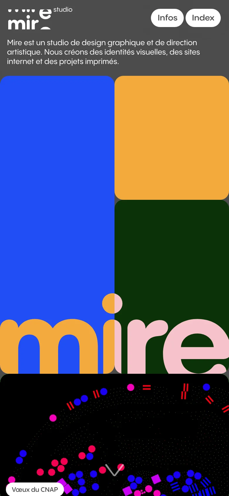 The mobile version maintains the high-contrast, colorful aesthetic but uses a vertical layout to stack the large typographic elements and color blocks. The oversized 'mire' text remains a central focus, while the navigation links are positioned at the top for easy access on a smaller screen.