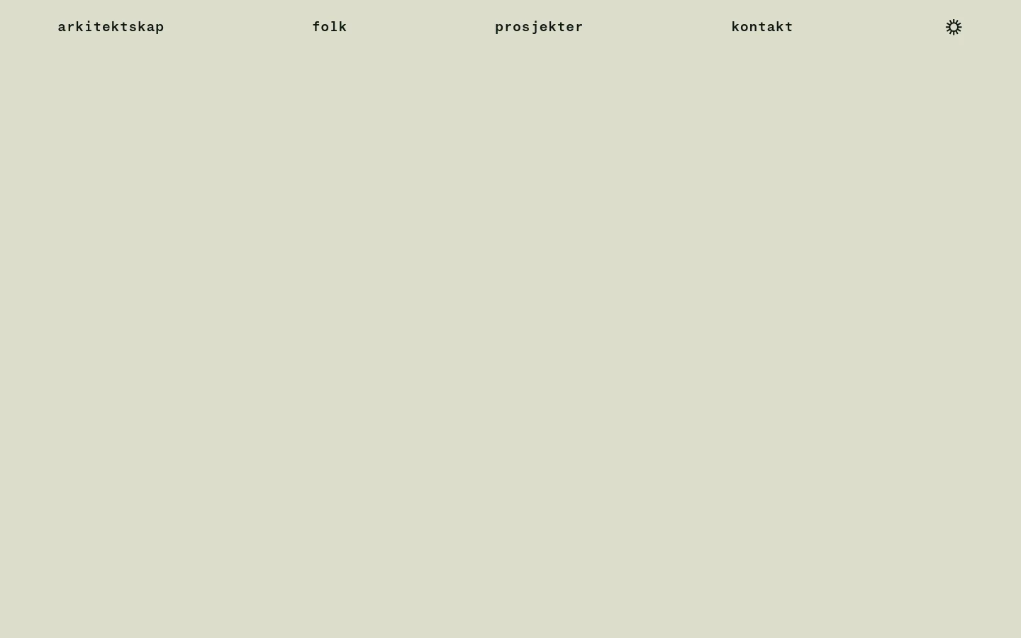 The desktop page features a minimalist design with a light beige background and black serif typography. A large headline introduces the firm, followed by a list of key statistics accompanied by small line icons, such as '40 years in practice' and '13 talented people'. A navigation menu with links like 'arkitektskap', 'folk', and 'prosjekter' is positioned at the bottom of the screen.