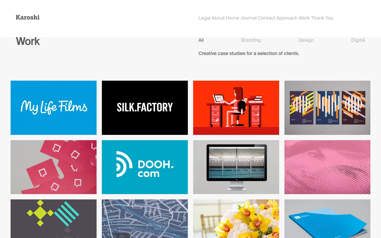 The desktop version of the Work page features a minimalist white background with a navigation menu at the top. Below the 'Work' headline and category filters, a grid of colorful project tiles displays various case studies, including 'My Life Films' and 'Silk Factory'. Each tile uses bold typography and vibrant colors like blue, black, and red.