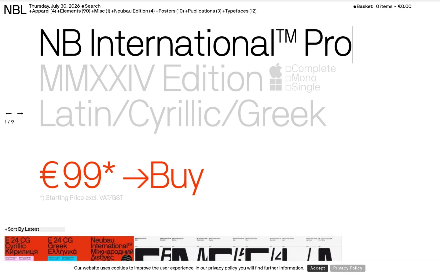 The desktop homepage for Neubau features a minimalist white background with large, bold black and red typography. A massive hero section displays product details for 'NB International™ Pro' in black and light grey, featuring a large red '€99* -> Buy' call to action. Below, a grid of product cards shows various design items with high-contrast imagery, titles, and prices.