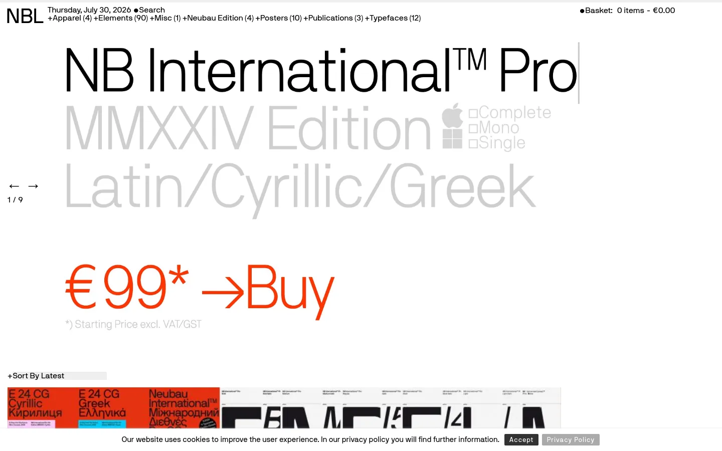 The desktop homepage for Neubau features a minimalist white background with large, bold black and red typography. A massive hero section displays product details for 'NB International™ Pro' in black and light grey, featuring a large red '€99* -> Buy' call to action. Below, a grid of product cards shows various design items with high-contrast imagery, titles, and prices.