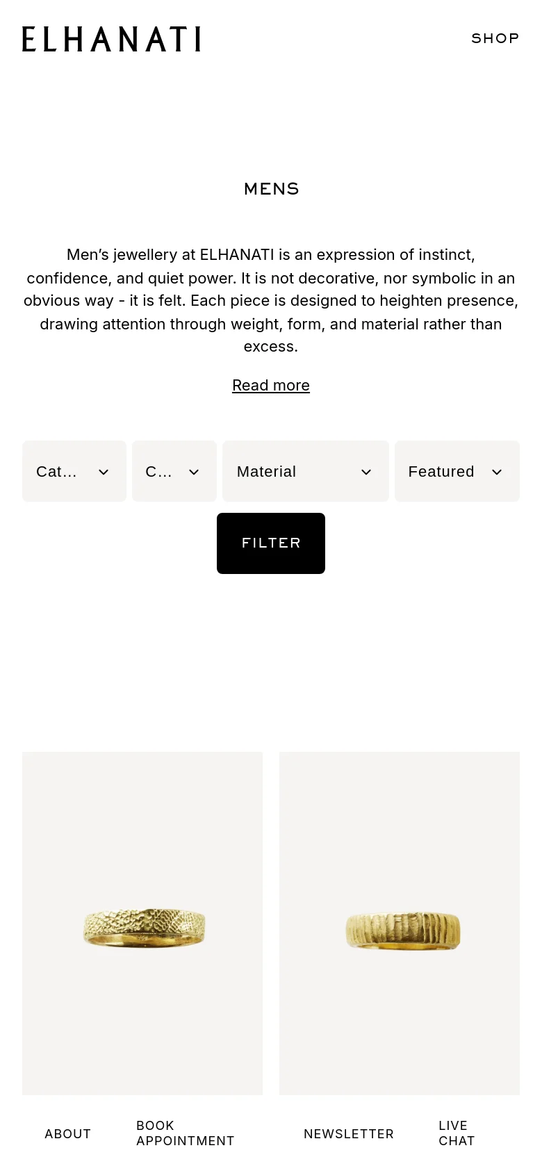The mobile version maintains the minimalist aesthetic but uses a single-column layout for the product grid. The header and navigation links are condensed, and the text description and filter dropdowns are stacked vertically to fit the narrower screen width.
