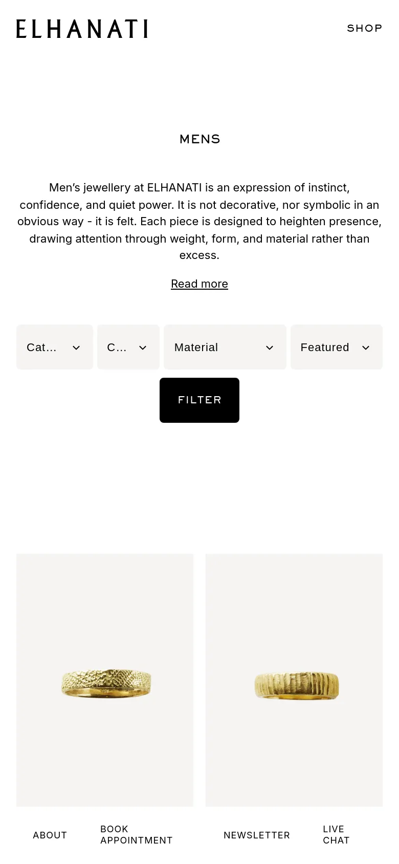 The mobile version maintains the minimalist aesthetic but uses a single-column layout for the product grid. The header and navigation links are condensed, and the text description and filter dropdowns are stacked vertically to fit the narrower screen width.