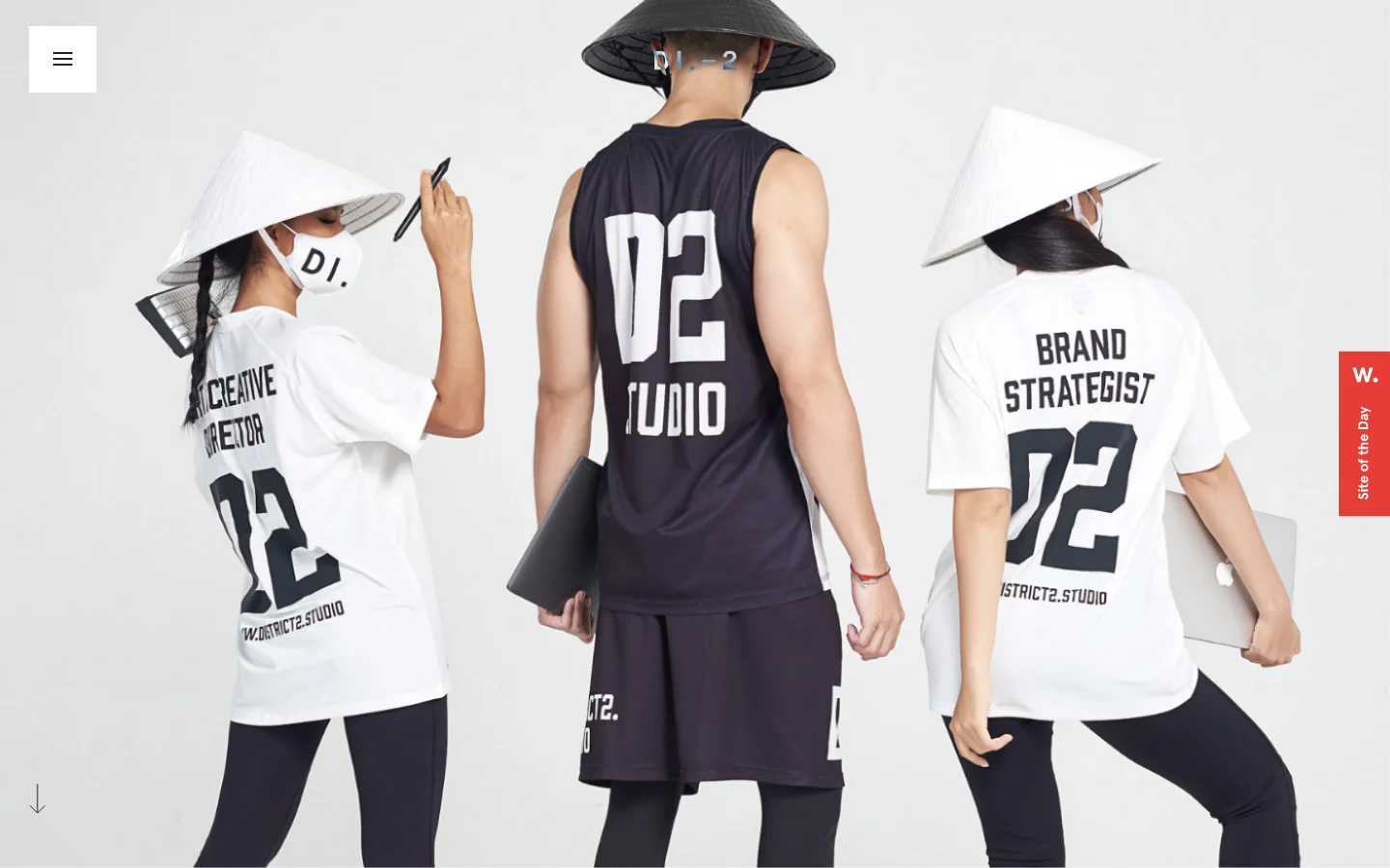 The desktop page features a large hero image of three people in white and black t-shirts and traditional conical hats against a light background. Below the hero section, the layout uses clean typography to present service categories: Brand, Creative, and Digital, each with a descriptive paragraph and bulleted lists of specific offerings. The color palette is minimalist, primarily black and white with a red 'Site of the Day' tab on the right edge.