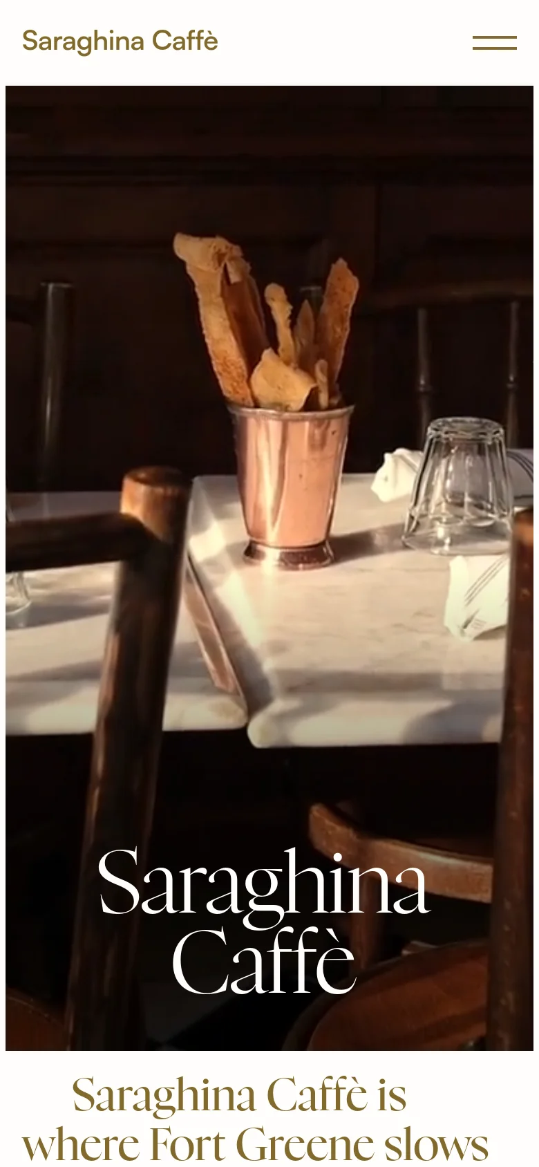 The mobile version presents a vertically stacked layout, starting with a full-width hero image of breadsticks in a copper cup and the restaurant name. The navigation is condensed into a hamburger menu icon at the top right. Content is simplified for vertical scrolling, focusing on large imagery and clear typography.