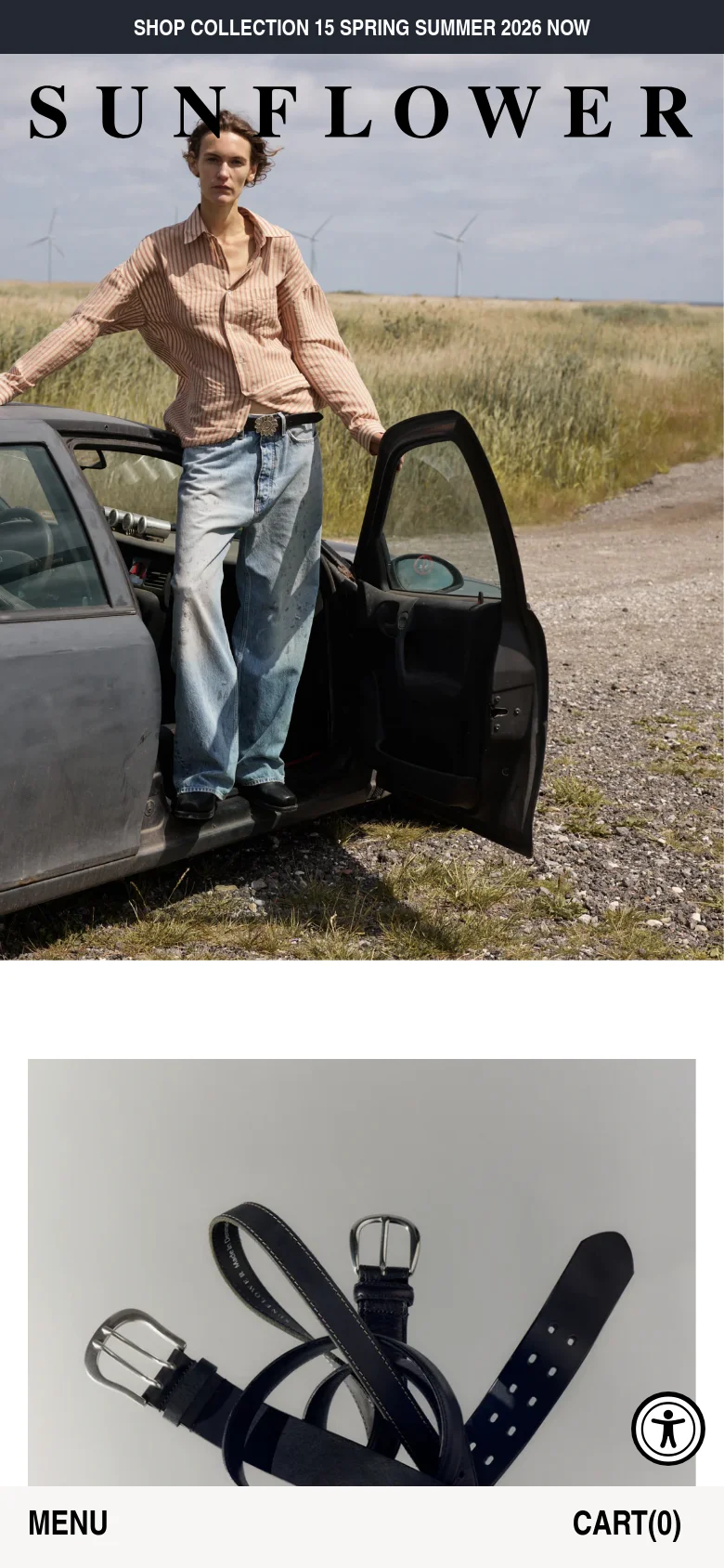 The mobile version presents a vertically stacked layout, beginning with a large hero image of a man in denim leaning against a car. Below the image, the 'MENU' and 'CART(0)' options are prominently displayed in bold black text against a white background, prioritizing ease of navigation on a smaller screen.