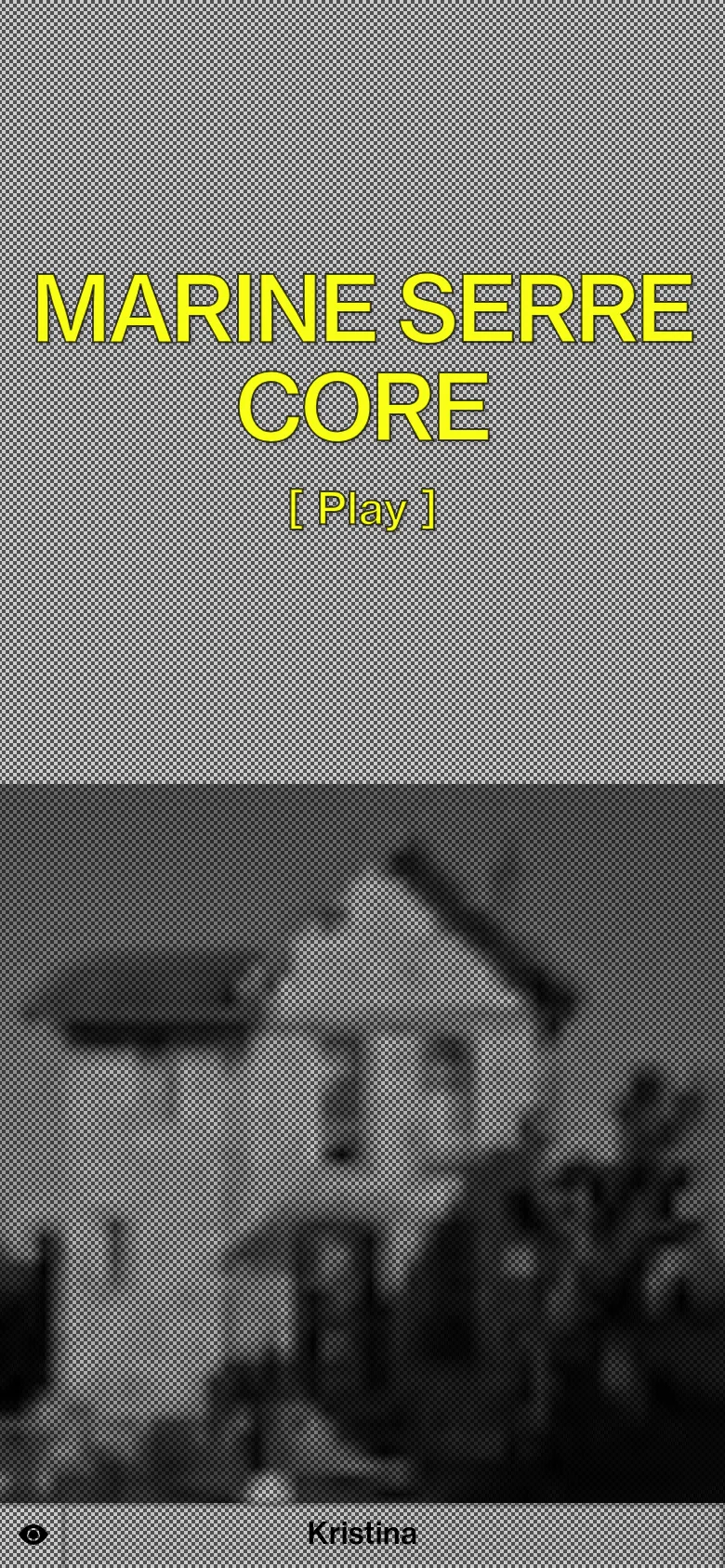 The mobile version maintains the gray textured background and yellow typography but stacks the text vertically, reading 'MARINE SERRE CORE' in a single block. The '[ Play ]' button is positioned directly below the main title, and a blurred grayscale image of a house appears in the lower half of the screen.