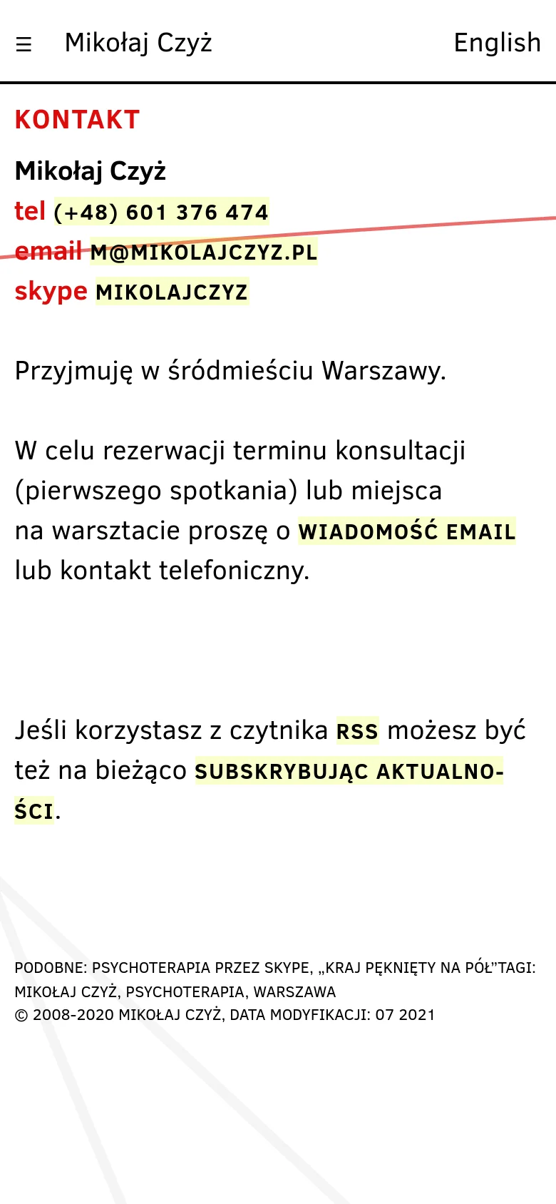 The mobile version presents a simplified, single-column layout optimized for vertical scrolling. The navigation is condensed into a hamburger menu at the top left, with the name 'Mikołaj Czyż' and an 'English' language toggle prominently displayed. The contact information and main text body are centered and use large, legible typography with yellow highlights for key contact details.
