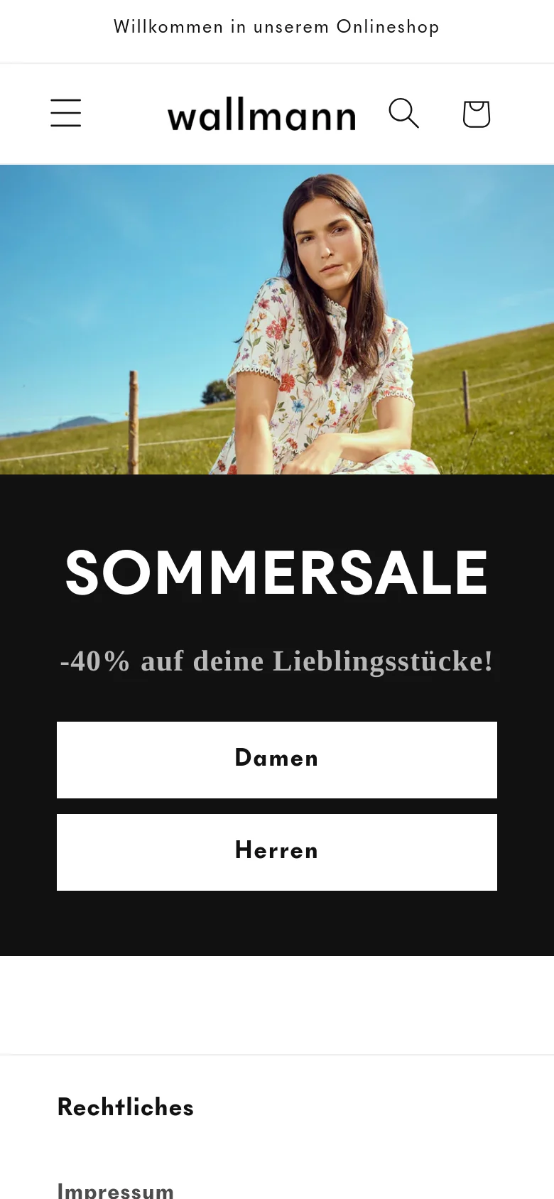 The mobile version uses a condensed header with a hamburger menu, the 'wallmann' logo, a search icon, and a shopping bag icon. The hero section features the same woman in a meadow, but the 'SOMMERSALE' text and buttons are stacked vertically on a black background below the image for easier scrolling.