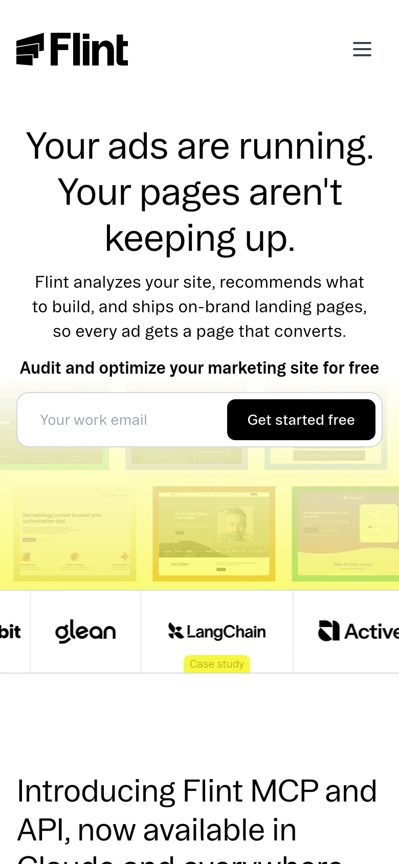 The mobile version presents a vertically stacked layout with the Flint logo and a hamburger menu icon at the top. The main headline and subheadline are centered, followed by a single-column email signup field and a 'Get started free' button. The client logo section is also condensed to fit the narrower screen width.
